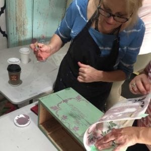 Decoupage and Stencil Workshop - Removing stencil from wooden box